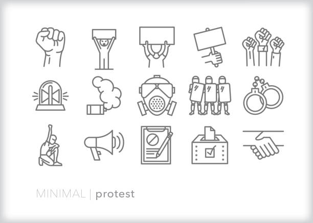 Protest line icon set Set of protest line icons for raising your voice, dissenting, voting, as well as police, riot gear and petition police tear gas stock illustrations