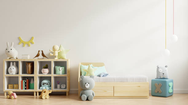 istock Mock up wall in the children's room in white wall background. 1248643828