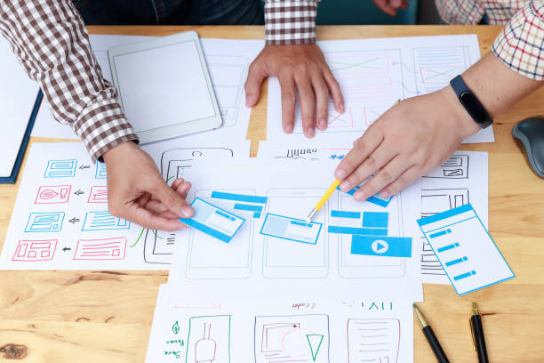 istock Graphic designers work together with UX UI designer planning application template layout framework for mobile phone computer mobile 1248646158