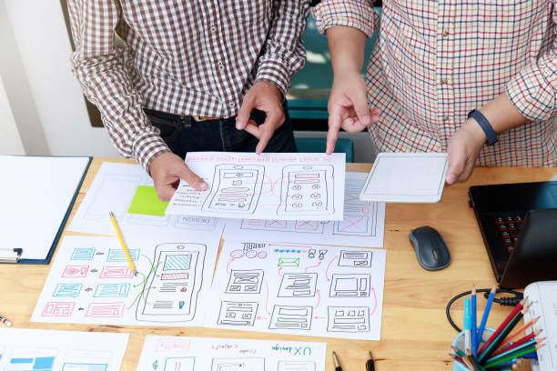 istock Graphic designers work together with UX UI designer planning application template layout framework for mobile phone computer mobile 1248646192