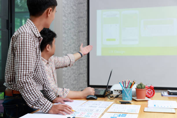 istock Graphic designers work together with UX UI designer planning application template layout framework for mobile phone computer mobile 1248646223