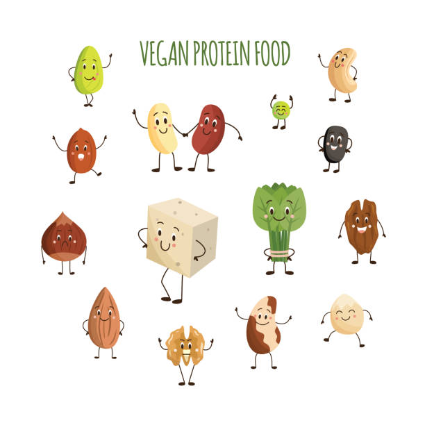 Vegan protein food characters. Cute cartoon characters of vegan food. Collection of vector illustrations for menu, shop, bar, map, sticker or web design. Isolated on a white backg happy green peas stock illustrations