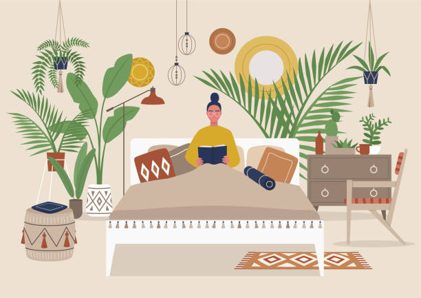 junge weibliche charakter lesen ein buch im bett, gemütliche detaillierte boho-stil schlafzimmer interieur, millennial lifestyle - loft apartment home interior symbol apartment stock-grafiken, -clipart, -cartoons und -symbole