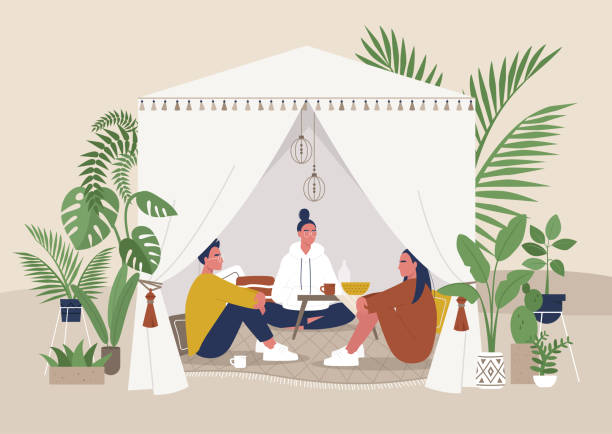 ilustrações de stock, clip art, desenhos animados e ícones de summer garden tent, outdoor events, boho style marquee with pillows and other decorative elements, beautiful tropical plants, a group of friends sitting inside - tree decoration flower carpet