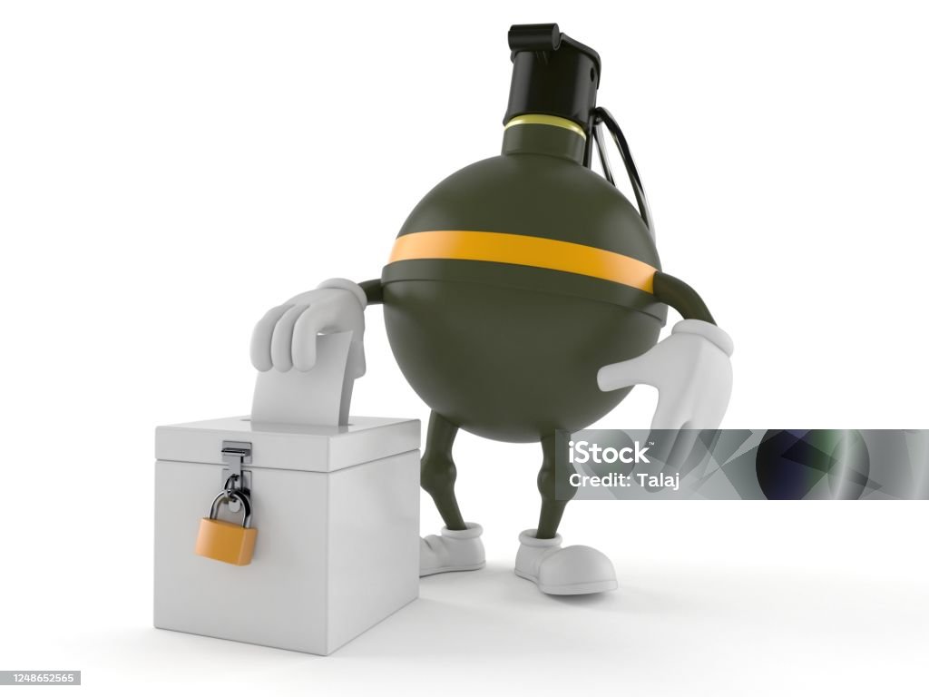 Hand grenade character with vote ballot Hand grenade character with vote ballot isolated on white background. 3d illustration Army Stock Photo
