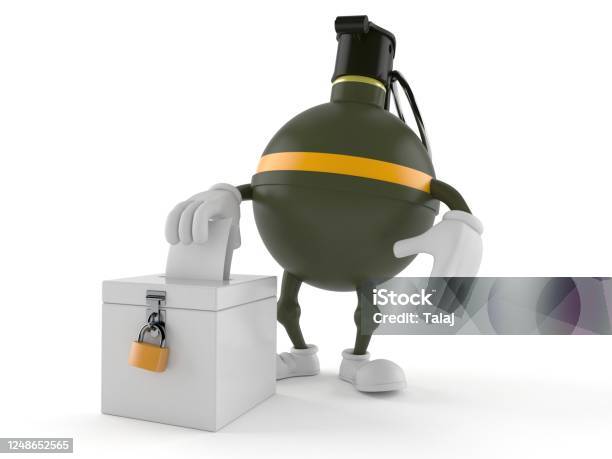 Hand Grenade Character With Vote Ballot Stock Photo - Download Image Now - Army, Army Helmet, Ballot Box