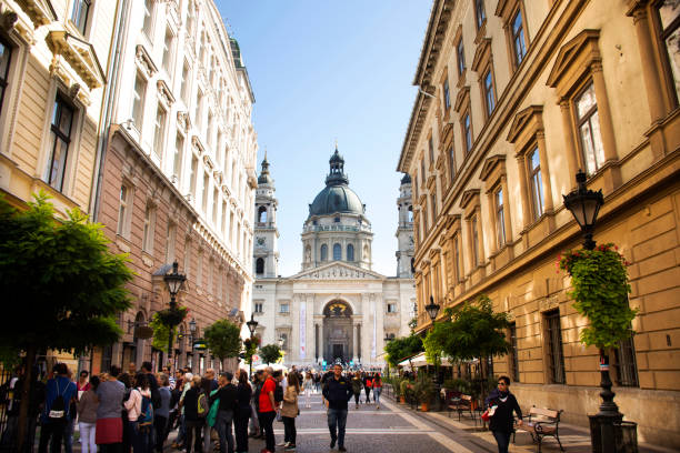 Hungarians and foreign travelers walking travel visit street market go to St. Stephen