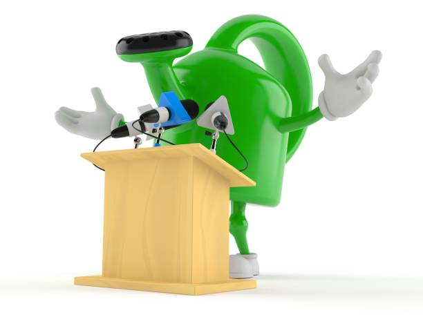 istock Watering can character gives a presentation 1248652649