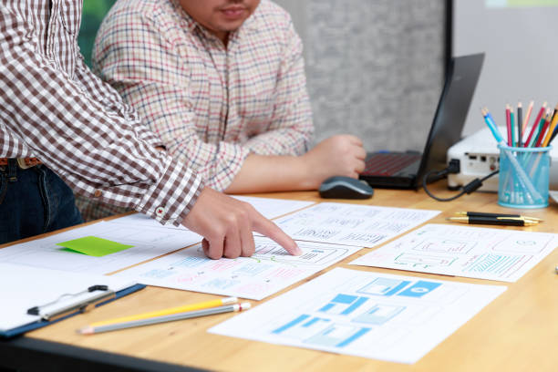 istock Graphic designers work together with UX UI designer planning application template layout framework for mobile phone computer mobile 1248653398