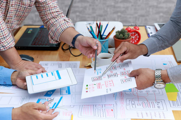 istock Graphic designers work together with UX UI designer planning application template layout framework for mobile phone computer mobile 1248653919