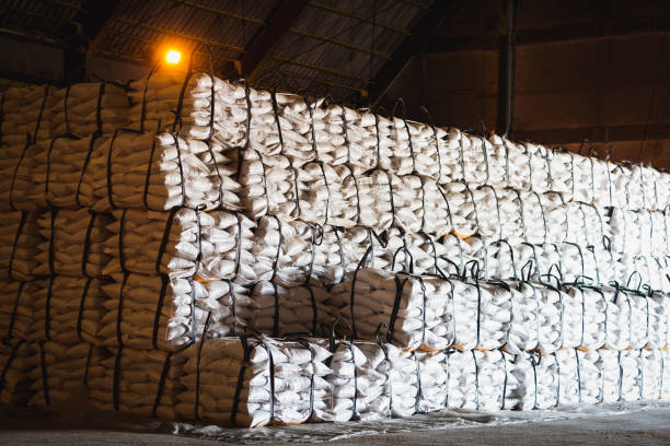 Sugar bags stack in pile inside warehouse for export. Forklift stacking up sugar bag inside warehouse, sugar warehouse operation. Agriculture product storing and logistics for import and export. Forklift stacking up sugar bag inside warehouse, sugar warehouse operation. Agriculture product storing and logistics for import and export. Warehouse management for cargo in the bag. Sugar bags stack in pile inside warehouse for export. silo bag stock pictures, royalty-free photos & images