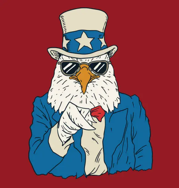 Vector illustration of Vintage American bald eagle dressed as Uncle Sam.