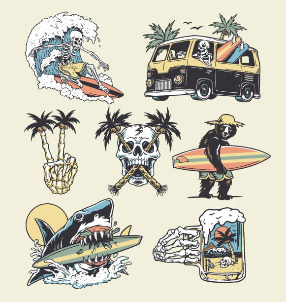 ilustraciones, imágenes clip art, dibujos animados e iconos de stock de un conjunto de ilustraciones de surf y playa. para camisetas, pegatinas y otros productos similares. - surfing beach surf wave