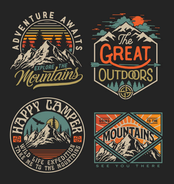 Collection of vintage explorer, wilderness, adventure, camping emblem graphics. Perfect for t-shirts, apparel and other merchandise Collection of vintage explorer, wilderness, adventure, camping emblem graphics. Perfect for t-shirts, apparel and other merchandise outdoor pursuit stock illustrations