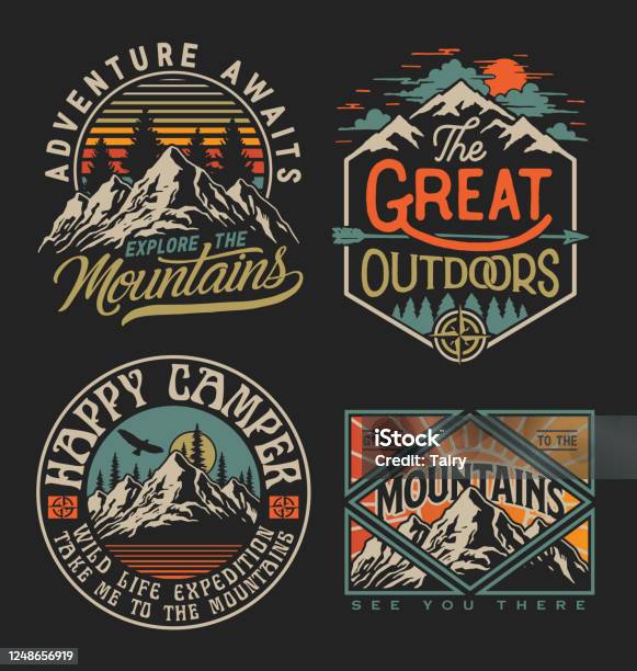 Collection Of Vintage Explorer Wilderness Adventure Camping Emblem Graphics Perfect For Tshirts Apparel And Other Merchandise Stock Illustration - Download Image Now