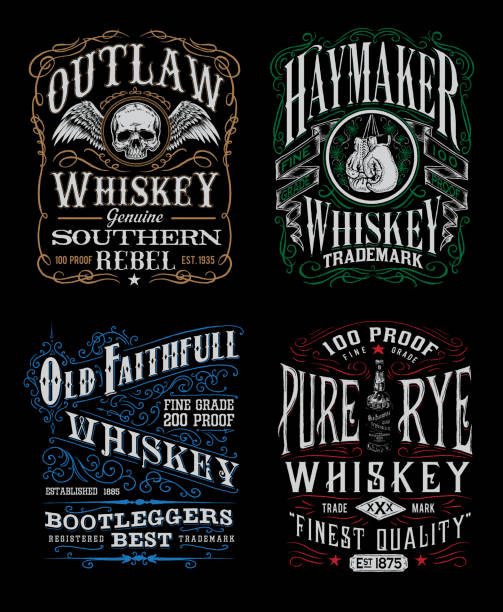 illustrations, cliparts, dessins animés et icônes de vintage whiskey label t-shirt graphic set - whisky