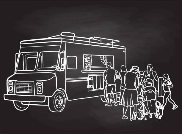 ilustraciones, imágenes clip art, dibujos animados e iconos de stock de food truck customers chalkboard - small business saturday