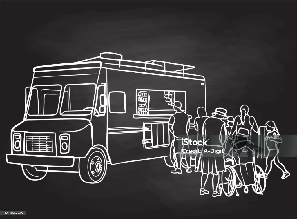 Food Truck Customers Chalkboard Food truck and customers ordering a meal Food Truck stock vector