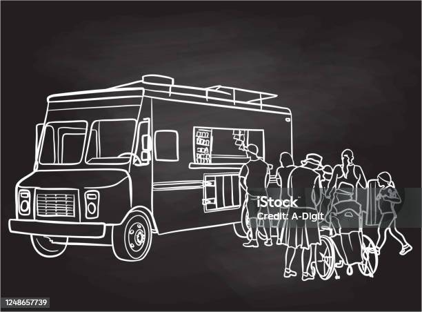Food Truck Customers Chalkboard Stock Illustration - Download Image Now - Food Truck, Illustration, Chalkboard - Visual Aid
