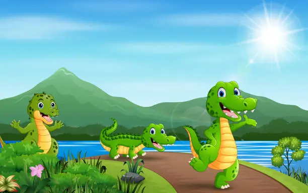 Vector illustration of Happy three crocodiles walking on the road