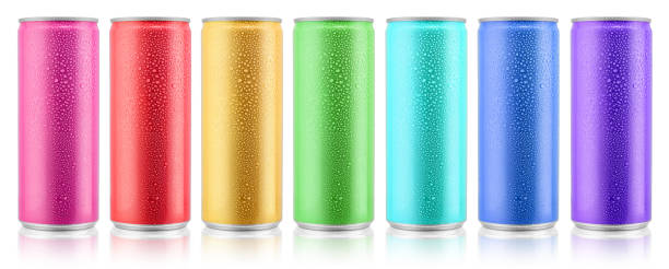 Various color beverage aluminium metal cans with condensate water drops design template. Isolated on white background. Clipping path for each object. Various color beverage aluminium metal cans with condensate water drops design template. Isolated on white background. Clipping path for each object. drink can photos stock pictures, royalty-free photos & images