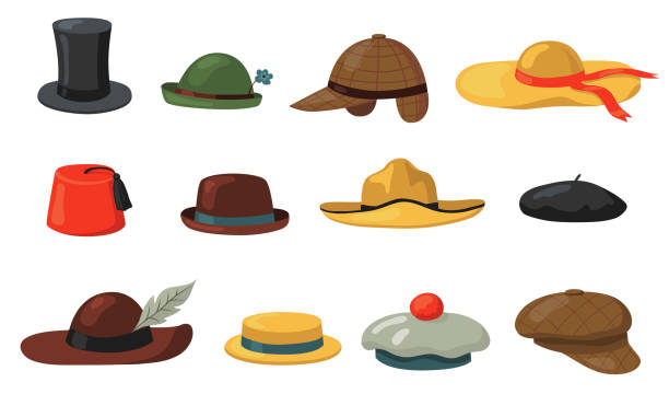 Hats and caps set Hats and caps set. Clothes accessory for men and women, panama, vintage traditional headdress. Flat vector illustration for vintage fashion, headwear concept beret stock illustrations