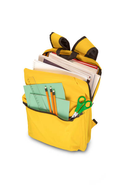 istock Backpack with different school stationery. Isolated on white background. Back to school concept photo. 1248661951