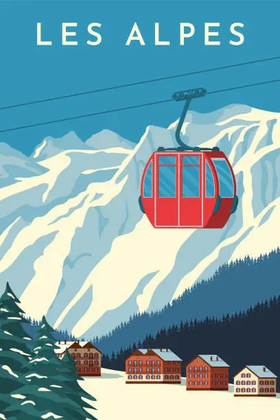 Vector illustration of Ski resort with red gondola lift, mountain chalet, winter snowy landscape. Alps travel retro poster, vintage banner. Flat vector illustration.