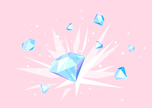 Diamonds explosion concept illustration on pink background, treasure of precious stones with bright lights, jewels scatter in different directions