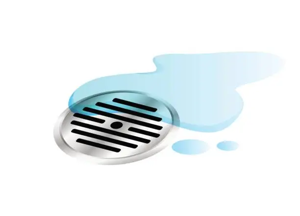 Vector illustration of drainage hole stainless and water stain isolated on white background, drainage holes for decoration toilet floor, drain stainless of shower room top view, drain hole of bathroom floor wet water stains