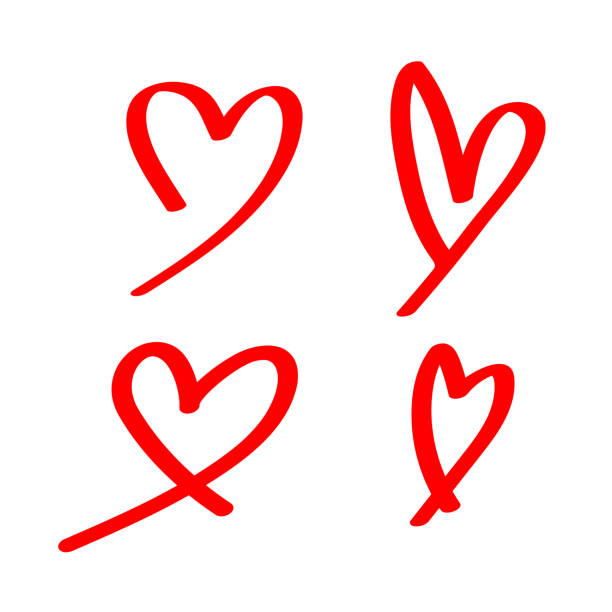 ハート形状の落書き線赤は、バレンタインのための白、ハート形状アートラインスケッチブラシ、要素結婚式のアイコンラブカードのために描かれた手でハート形状の看板、シンプルな線の� - pencil simplicity colors red点のイラスト素材／クリップアート素材／マンガ素材／アイコン素材