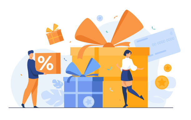 Loyalty program concept Loyalty program concept. People getting gifts and rewards from store, bonus points, discount. Flat vector illustration for promotion, commerce, sale, marketing topics incentive stock illustrations