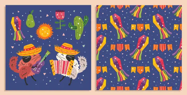 Vector illustration of Mexico holiday. Little cute chinchillas in sombrero with accordion,  cactus, sun, pear and flags. Mexican party. Latin America. Flat colourful vector seamless pattern, background. Card making.