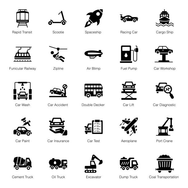 Set Of Transportation glyph Icons We bring an amazing set of transportation that has a colorful collection of transportation vehicles such as bus, train, car, ship and scooter. You can explore this set, grab it to use in a wide range of projects like travel, tourism, logistics, leisure and supplies etc zip line stock illustrations