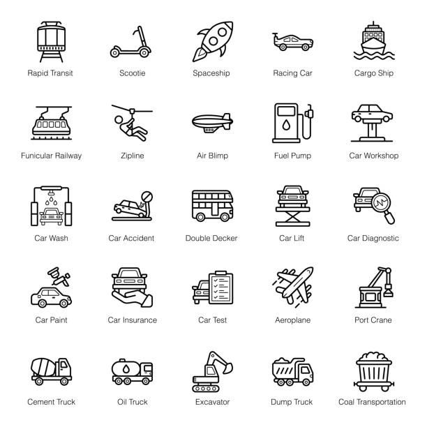 Set Of Transportation line Icons We bring an amazing set of transportation that has a colorful collection of transportation vehicles such as bus, train, car, ship and scooter. You can explore this set, grab it to use in a wide range of projects like travel, tourism, logistics, leisure and supplies etc zip line stock illustrations