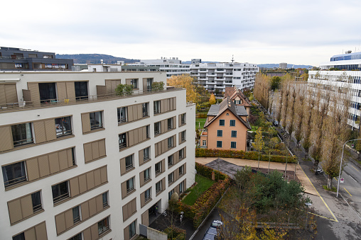 Zurich West City District Captured in Winter Season during a foggy day.