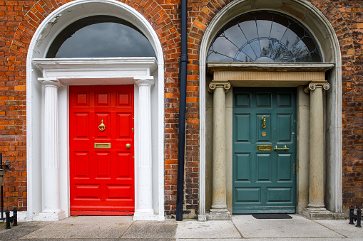 Colorful georgian doors in Dublin, Ireland. Historic doors in different colors painted as protest against English King George legal reign over the city of Dublin in Ireland.