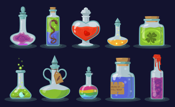 ilustraciones, imágenes clip art, dibujos animados e iconos de stock de juego de botellas de elixir - laboratory glassware laboratory alchemy chemistry
