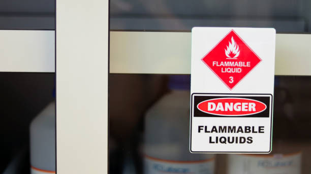 Chemical hazard sign pictogram, Globally Harmonized System of Classification and Labelling of Chemicals (GHS). Flammable liquid danger warning caution sticker with container bottle in storage cabinet. pictograma de signos de peligro químico, sistema globalmente armonizado de clasificación y etiquetado de productos químicos (ghs). pegatina de precaución de advertencia de peligro de líquido inflamable con botella de contenedor en el armario de almace