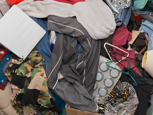 Sofa buried under hoarded objects and clothes. Close-up color photo of messy pile of household items including hangers, muffin tins, binder, jacket, blanket and clothes almost completely covering couch. Copy space. greed stock pictures, royalty-free photos & images