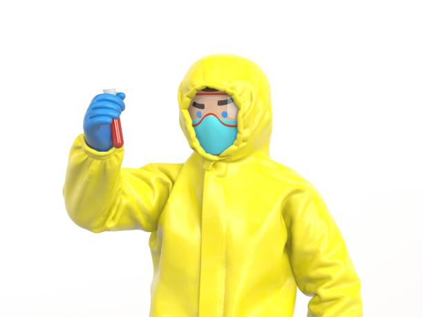 istock Medic in yellow hazmat suit looking on blood test 1248672385