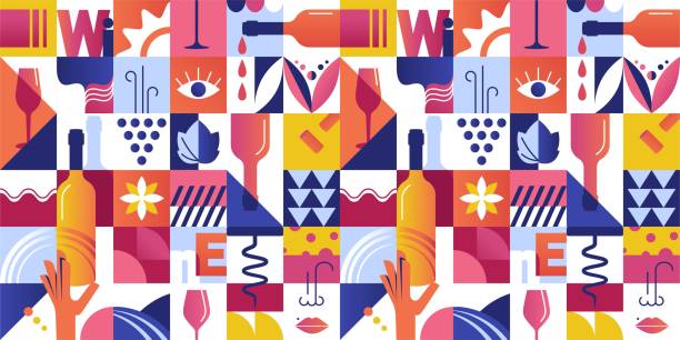 ilustrações de stock, clip art, desenhos animados e ícones de abstract seamless pattern with geometric shapes and wine tasting concept elements. - wine abstract drink alcohol