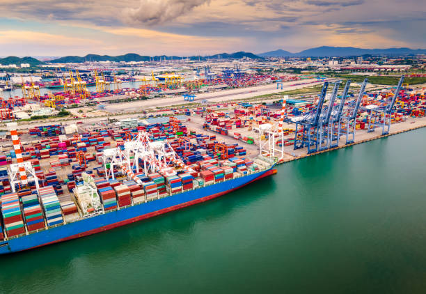 istock Aerial view of port and cargo ship. 1248673970