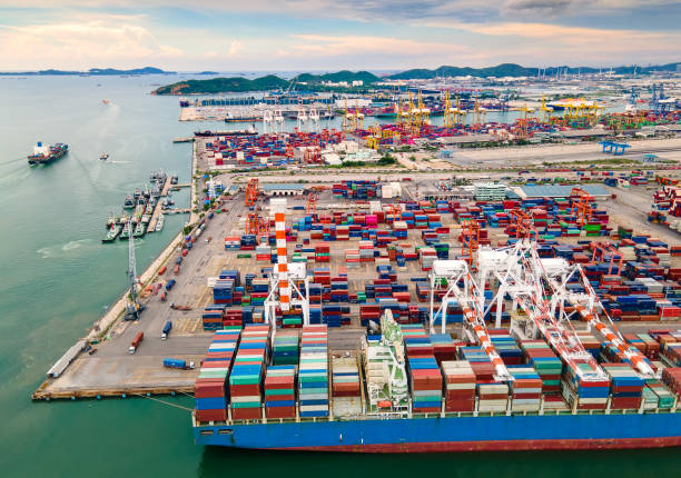 istock Aerial view of port and cargo ship. 1248673971