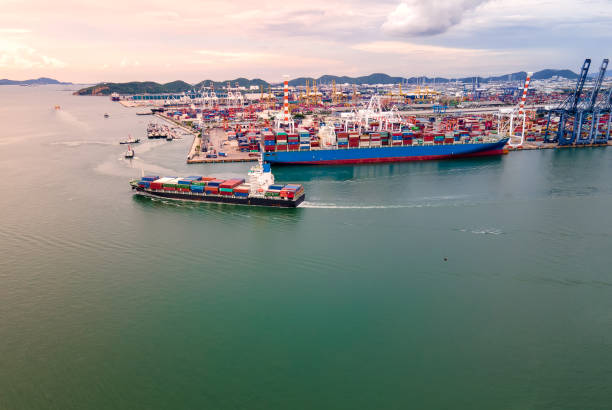 istock Aerial view of port and cargo ship. 1248673983