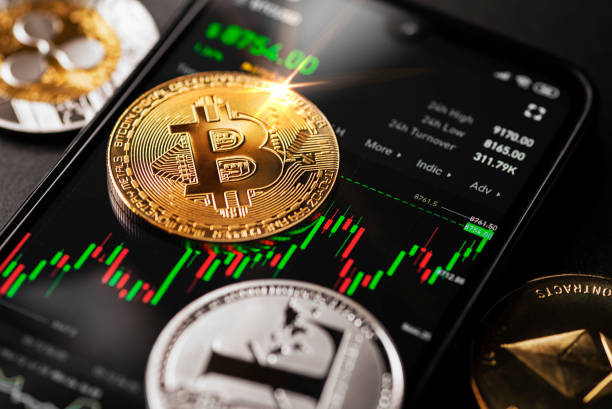 Bitcoin cryptocurrency trading on smartphone stock photo