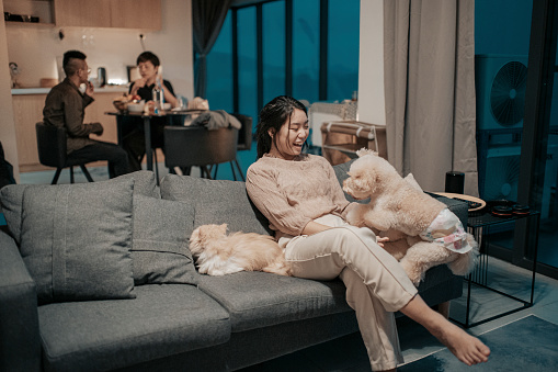 an asian chinese teenager girl watching tv at home on sofa with her pets while her mother and brother at dining room having meals at night