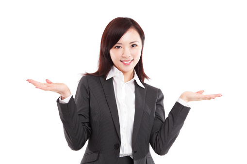 Attractive Young Asian Businesswoman Both Palms Up with White Background.