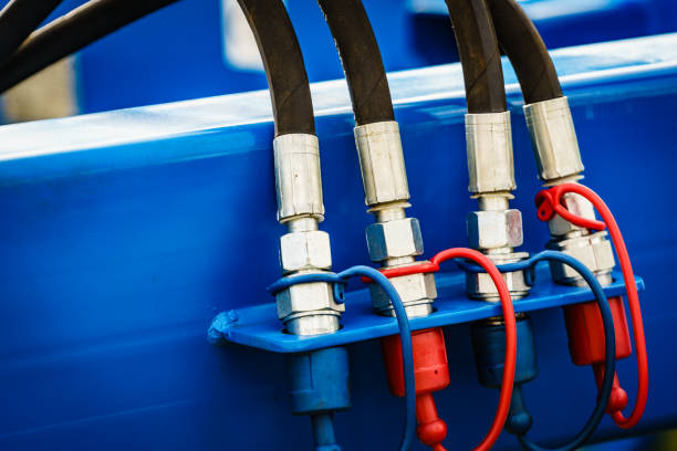 istock Pipe system of pneumatic valves in heavy machine 1248677375