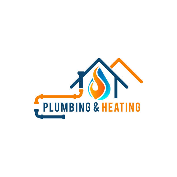 Plumbing logo designs vector pipe instaltation and water symbol Plumbing service logo with house and water drop plumber stock illustrations
